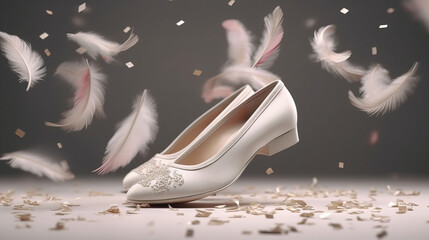 Women's wedding shoes in feathers, bridal salon advertising. Al generated illustration