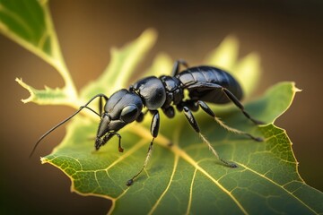 shiny black carpenter ant on a leaf close up shot created with Generative AI technology