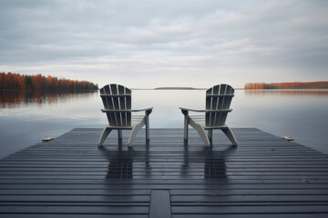 Zwei leere Liegestühle auf einem Steg an einem See. Generative AI