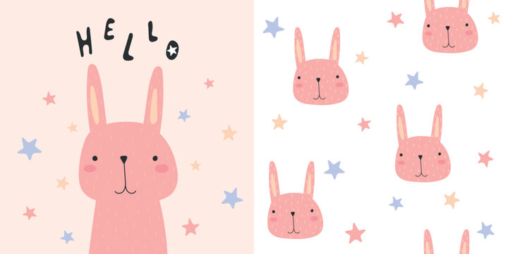 
Baby pattern with cute little bunny, childish seamless background. Ideal for baby bedding, fabric, wallpaper, wrapping paper, textile, t-shirt printing. Hand drawn vector illustration.