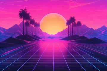 Gordijnen Retro Futuristic neon gaming landscape background © Hassan