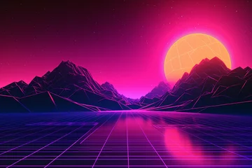 Rolgordijnen Retro Futuristic neon gaming landscape background © Hassan