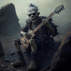 Fototapeta na wymiar denizen zombie mask man playing on guitar in Middle mountain sitting on stone Created with Generative AI