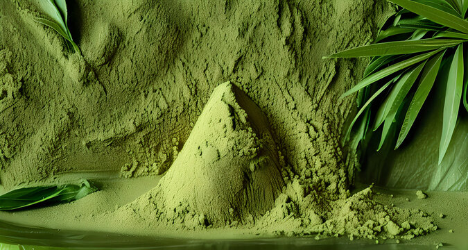 Mitragyna speciosa or Kratom Powder on a green powder background	
