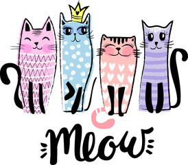 Cute abstract illustration with colorful cartoon cat. Pretty fashion girlish compsition for t-shirt kids design