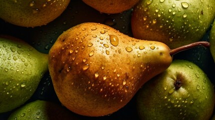 fresh pear seamless background, adorned with glistening droplets of water. generative AI