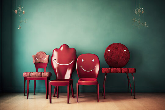 A row of funny chairs with eyes and smiles personalizing friends or family on a family picture, neutral background, with copy space, generative ai illustration