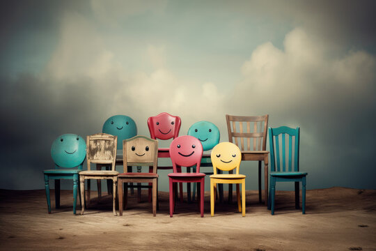 A row of funny chairs with eyes and smiles personalizing friends or family on a family picture, neutral background, with copy space, generative ai illustration
