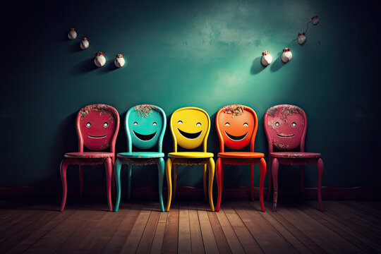 A row of funny chairs with eyes and smiles personalizing friends or family on a family picture, neutral background, with copy space, generative ai illustration