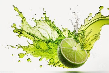 Lime drink with a splash on a white backdrop. Generative AI