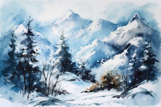 winter landscape with mountains and trees covered in snow. Generative AI