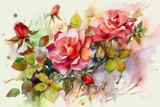 pink roses with green leaves. Generative AI