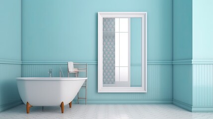 Naklejka na ściany i meble Bathroom with a mirror on a light blue wall with a patterned tile floor created with generative AI technology