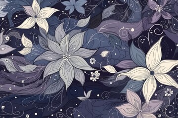 colorful flowers and leaves painted on a vibrant blue background. Generative AI