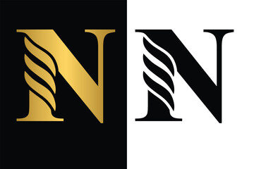 letter N. Gold and Black flower alphabet. Beautiful capital letters with shadow	
