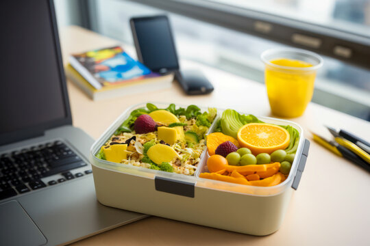 Lunchbox to go for fresh and healthy food in the office. Lunch box at desk work place, healthy eating, clean eating habits for nutrition and health concept (Generative AI)
