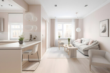 Interior design spacious studio apartment in Scandinavian style, beige color. Generative AI