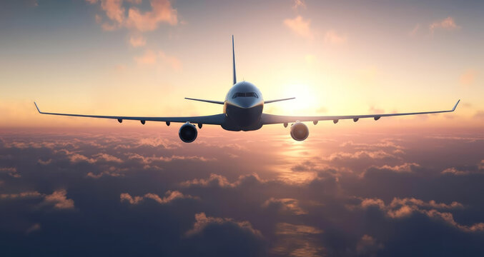 Commercial Jet Airplane on sunset, Sunset Flight - Jet plane Soaring 3d illustration