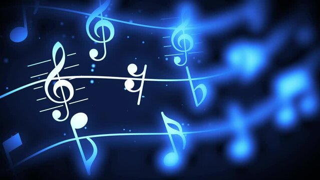 waves of Music Notes with Motion Blur and Light particles.  Seamless loop in blue Musical Background. 