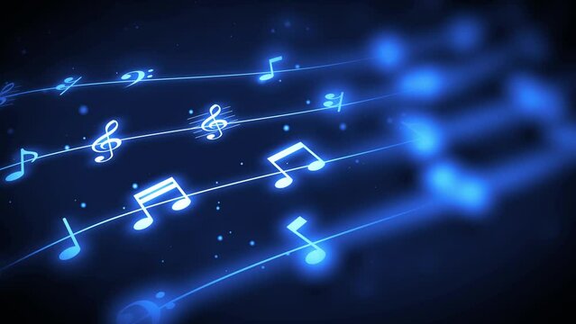 3D waves of Music Notes with Motion Blur and Light particles.  Seamless loop in blue Musical Background. 