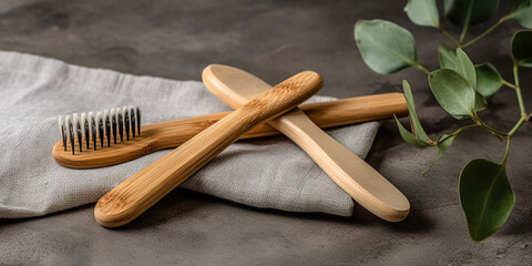 Eco natural bamboo toothbrushes on rustic background with greenery. sustainable lifestyle concept. zero waste flat lay. bathroom essentials, plastic free items