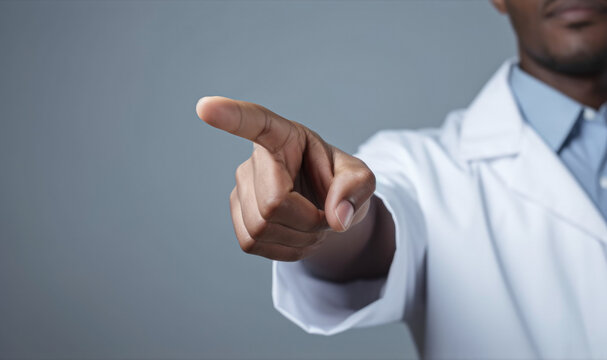 A Closeup Photo Of A Black Doctor Hand Pointing Forward. African American Doctor Pointing Forward. Reaching, Touching Invisible Touch Screen Display. Pointing Toward Camera Lens. Pointing At Camera.