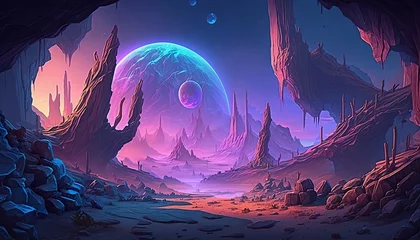Gordijnen 2D alien planet background environment for a battle arena mobile game. Another world fantastic landscape flat cartoon style. 2D realistic illustration. Generative AI © Vagner Castro