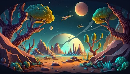 Naklejka na ściany i meble 2D alien planet background environment for a battle arena mobile game. Another world fantastic landscape flat cartoon style. 2D realistic illustration. Generative AI
