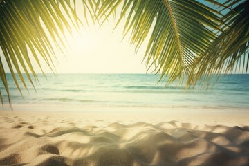 Fototapeta na wymiar serene tropical beach with a palm tree in the foreground. Generative AI