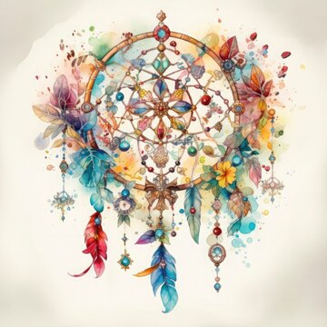 a colorful dream catcher set with gems and jewels white background, Generate Ai