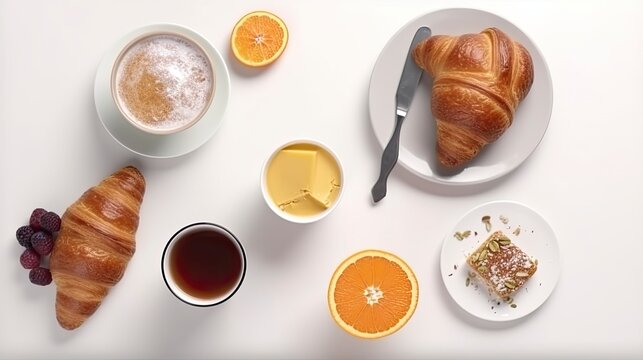 Continental breakfast captured from above on white background, Generate Ai