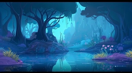 A magical fairytale landscape with a forest lake, enchanted garden, and a mysterious blue background, Generate Ai