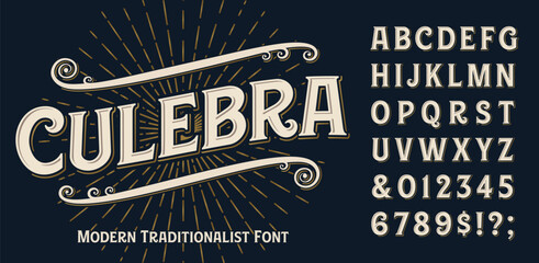 Culebra is a traditional old style alphabet with stylized inline and shadow effects. Good for logos, tattoo shops, metalworkers, sign painters.