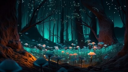 Fantasy forest at night, magic glowing flowers in fairytale wood, Generate Ai