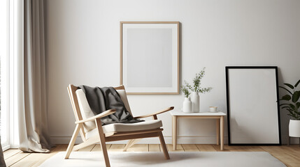 Fototapeta premium mockup frame in a living room interior with a chair and decor in German style with a nice light.