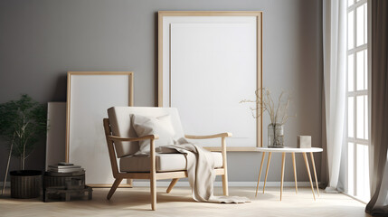 mockup frame in a living room interior with a chair and decor in German style with a nice light.