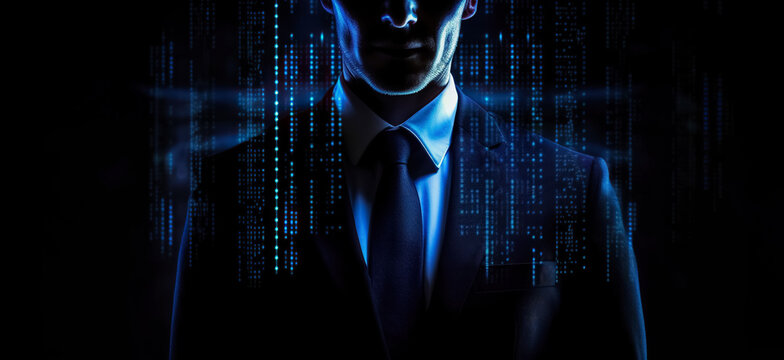 Businessman standing overlay with source code and programmer image and copy space. The concept of programming, cyber security, business and internet of things. digital ai art