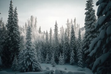 Gorgeous scene of snow-covered fir trees in a Norwegian woods. Generative AI