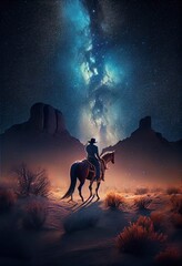 Obraz na płótnie Canvas Western Cowboy riding his horse at night under the milky way galaxy, Generate Ai