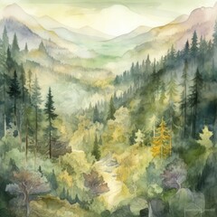 pan view of lush magical forest and mountains, watercolor art, Generate Ai