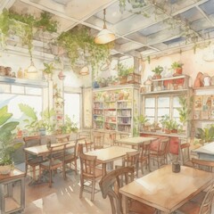 Fototapeta na wymiar light watercolor, interior of a cozy cafe on white background, Generate Ai