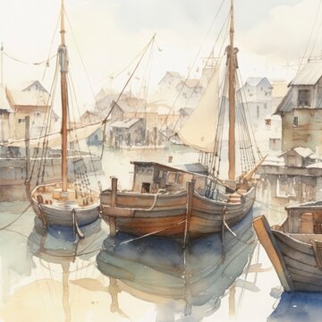 light watercolor, boats at the harbor on white background, Generate Ai