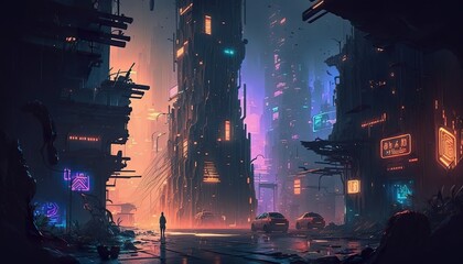 2D metaverse cyberpunk city background environment for a battle arena mobile game. Futuristic cityscape in night time with neon light flat cartoon style. 2D realistic illustration. Generative AI