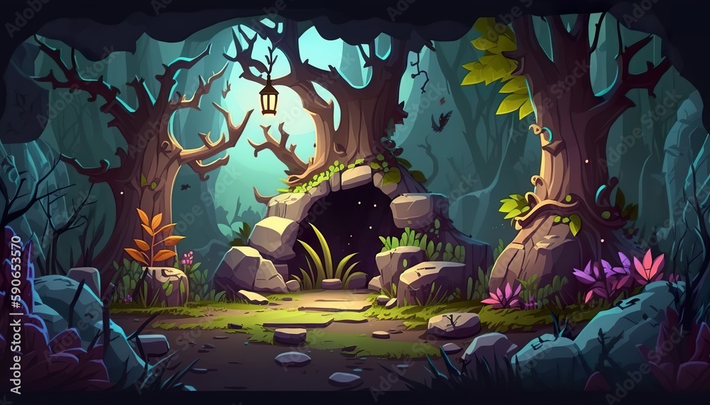 Wall mural 2d abstract and magical enchanted forest background environment for a battle arena mobile game. ench