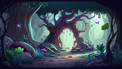 2D abstract and magical enchanted forest background environment for a battle arena mobile game. Enchanted forest path landscape flat cartoon style. 2D realistic illustration. Generative AI