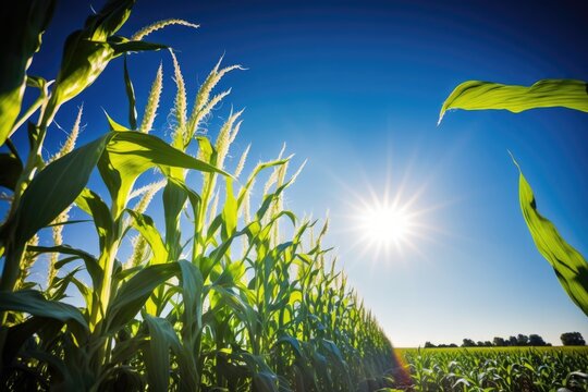 The sun is beaming in a picture of a cornfield with a blue sky. Generative AI