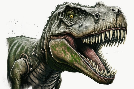 a drawing of a Jurassic-era dinosaur named Tyrannosaurus Rex showing its fangs. Generative AI