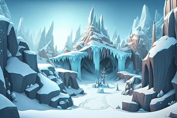 2D ice snow background environment for a battle arena mobile game. A fantastic magic space covered by snow flat cartoon style. 2D realistic illustration. Generative AI