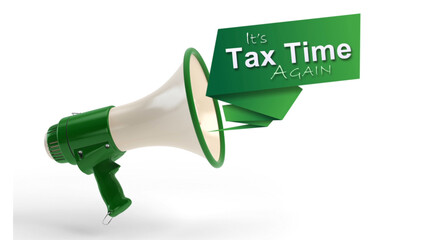 Megaphone Announcing Tax Time Again features a bull with a call-out card saying its tax time again.
