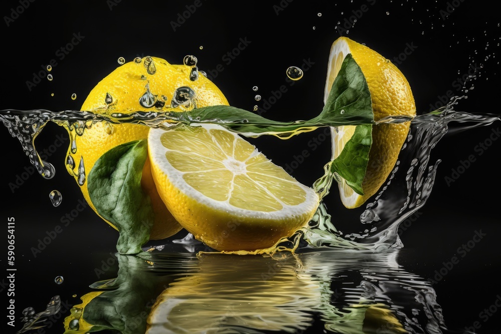 Wall mural lemons have refreshing droplets of water and are unadulterated. generative ai